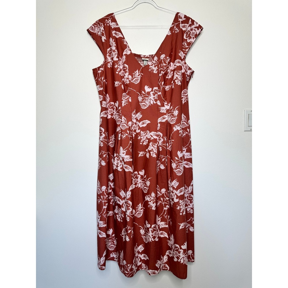 A New Day Floral Midi Dress Brown Pink V-Neck Smocked Back‎ Cotton 2X New